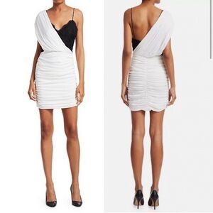 Alice + Olivia Bianca Ruched One-Shoulder Stretch Silk Mini Dress New Size 6 US